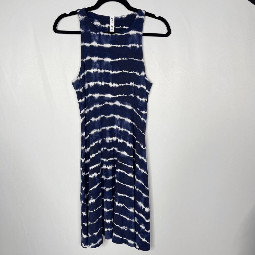 Athleta Small S Blue Tie Dye Striped Santorini Thera Dress Crew Neck Print Modal